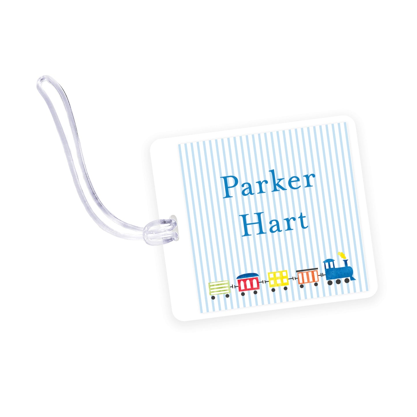 choo choo train square laminated bag tag