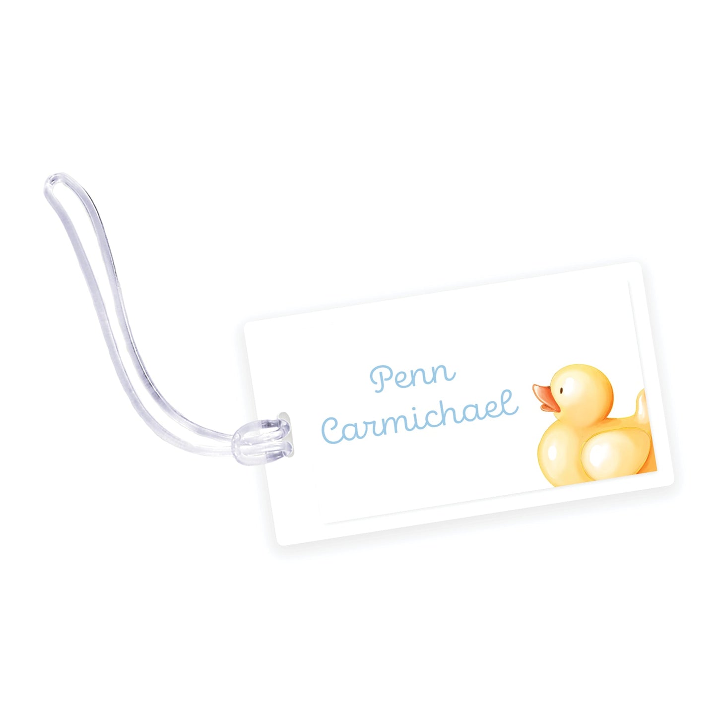 blue rubber ducky laminated bag tag