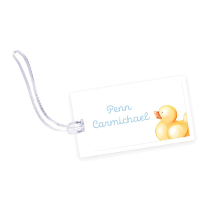 blue rubber ducky laminated bag tag