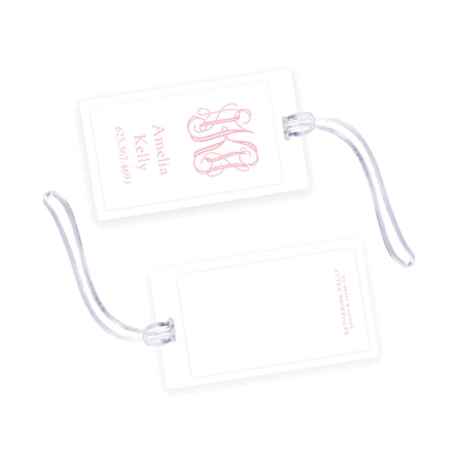 pink monogram laminated bag tag