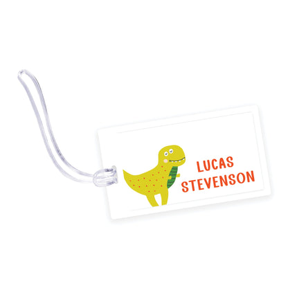 t-rex dino laminated bag tag