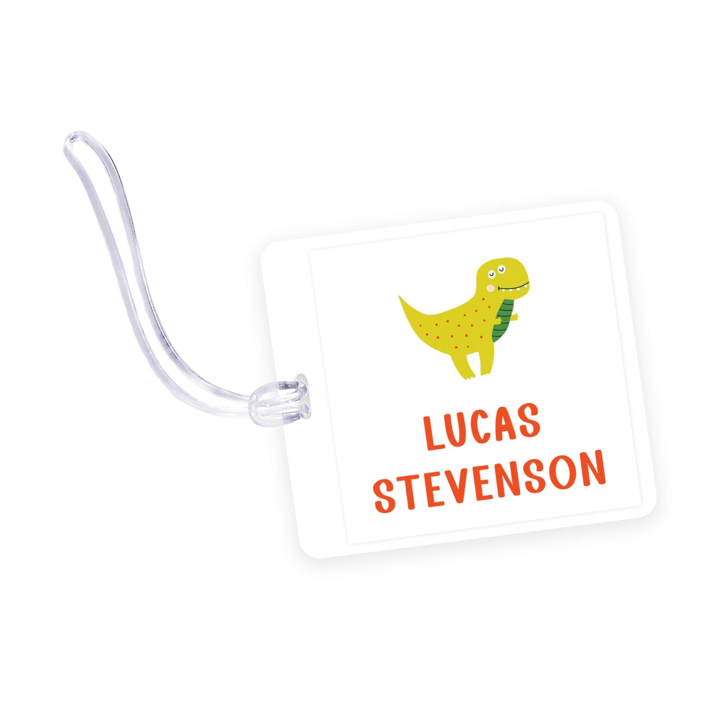 t-rex dino square laminated bag tag