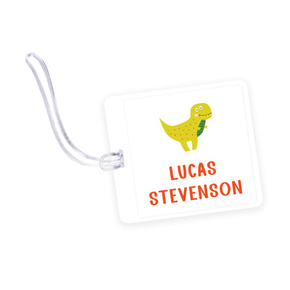 t-rex dino square laminated bag tag