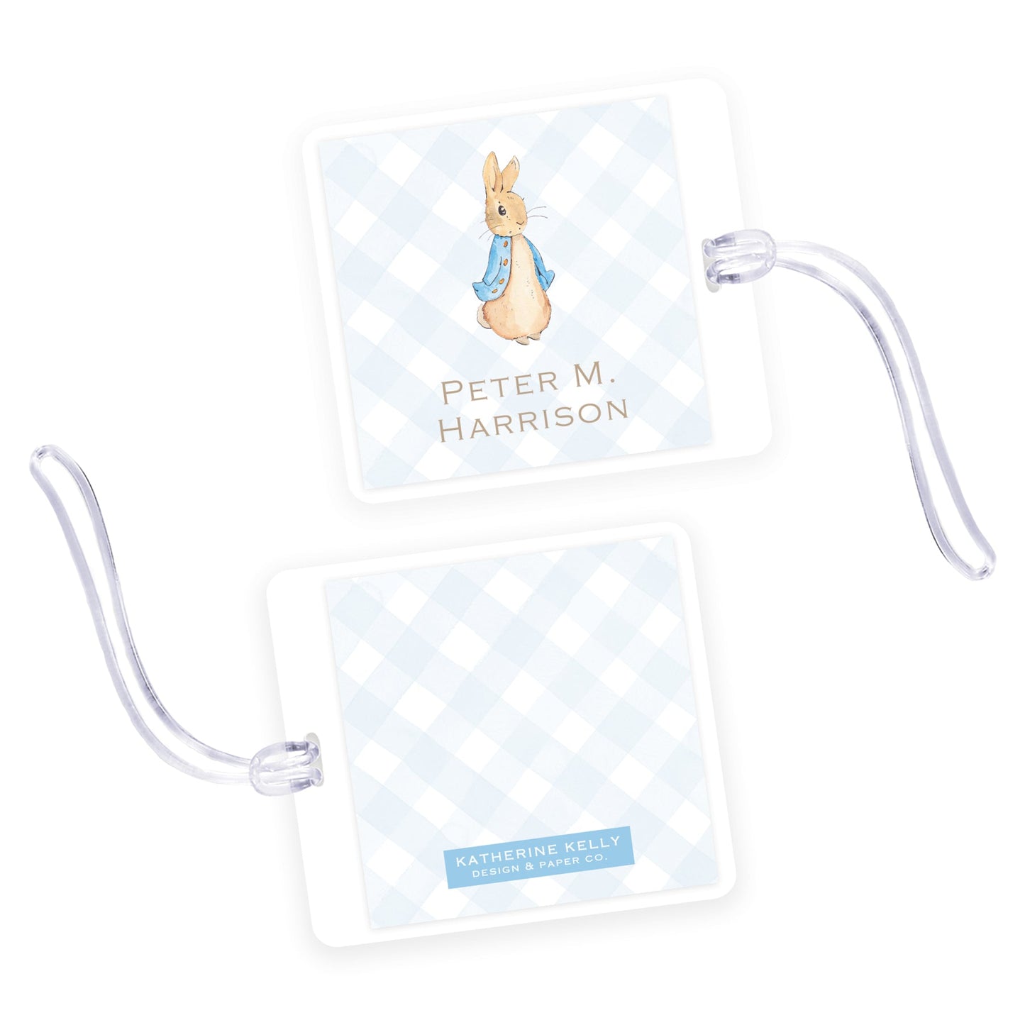 blue peter rabbit square laminated bag tag