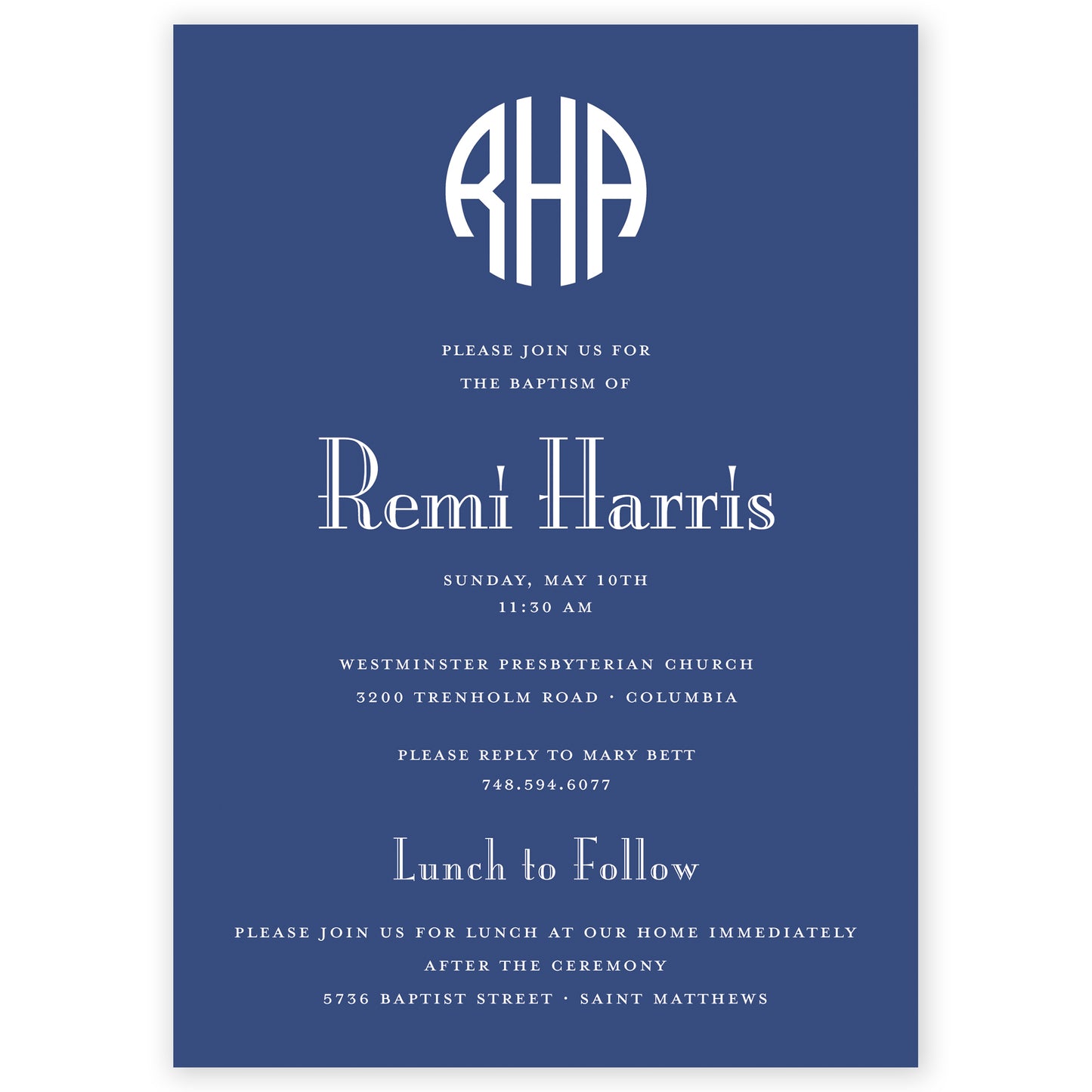 navy round monogram invitation