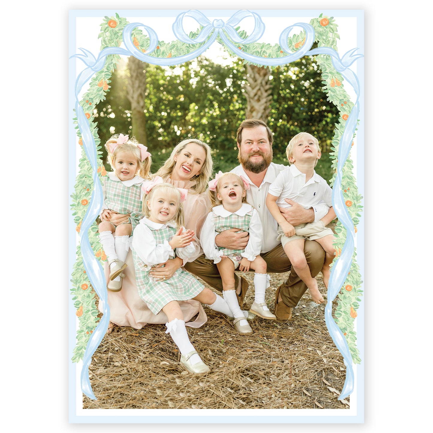 blue garland bow photo holiday card