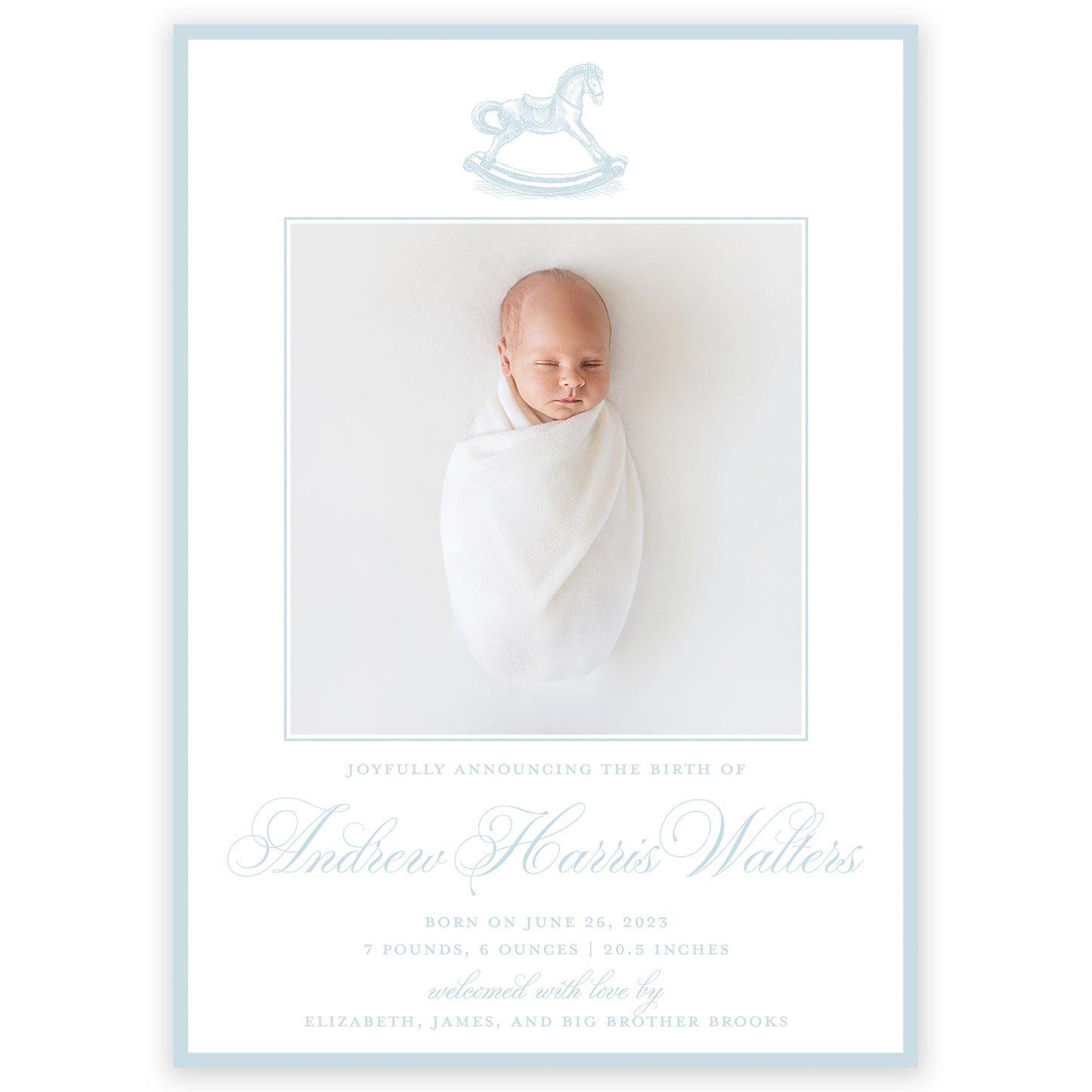 blue rocking horse birth announcement