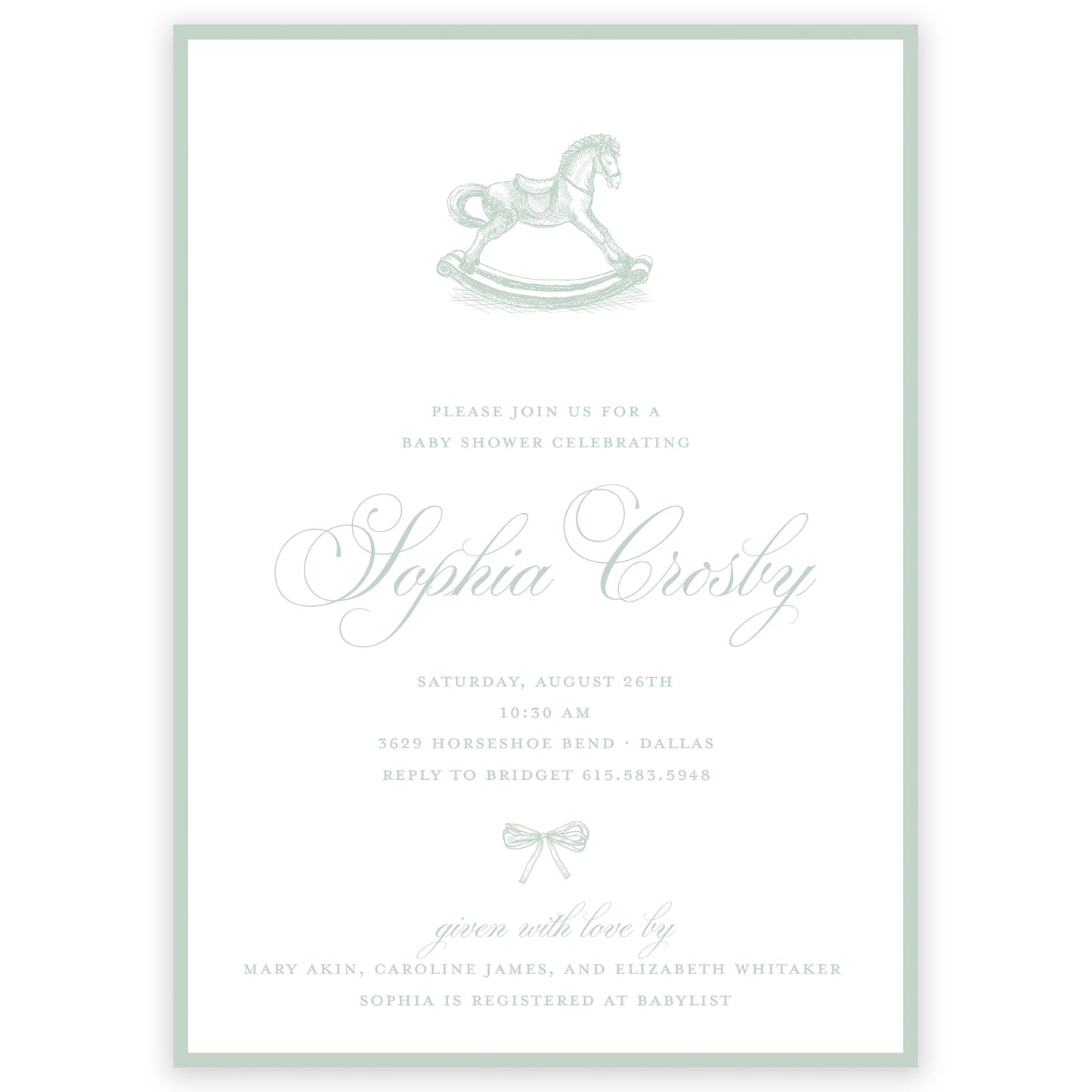 sage rocking horse baby shower invitation