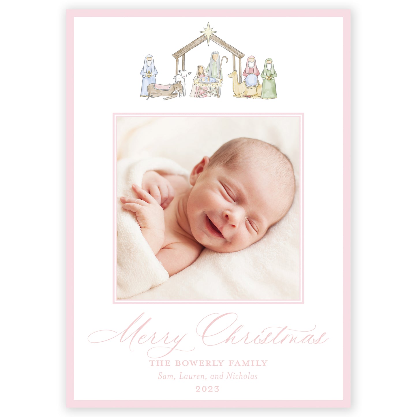 pink nativity holiday card