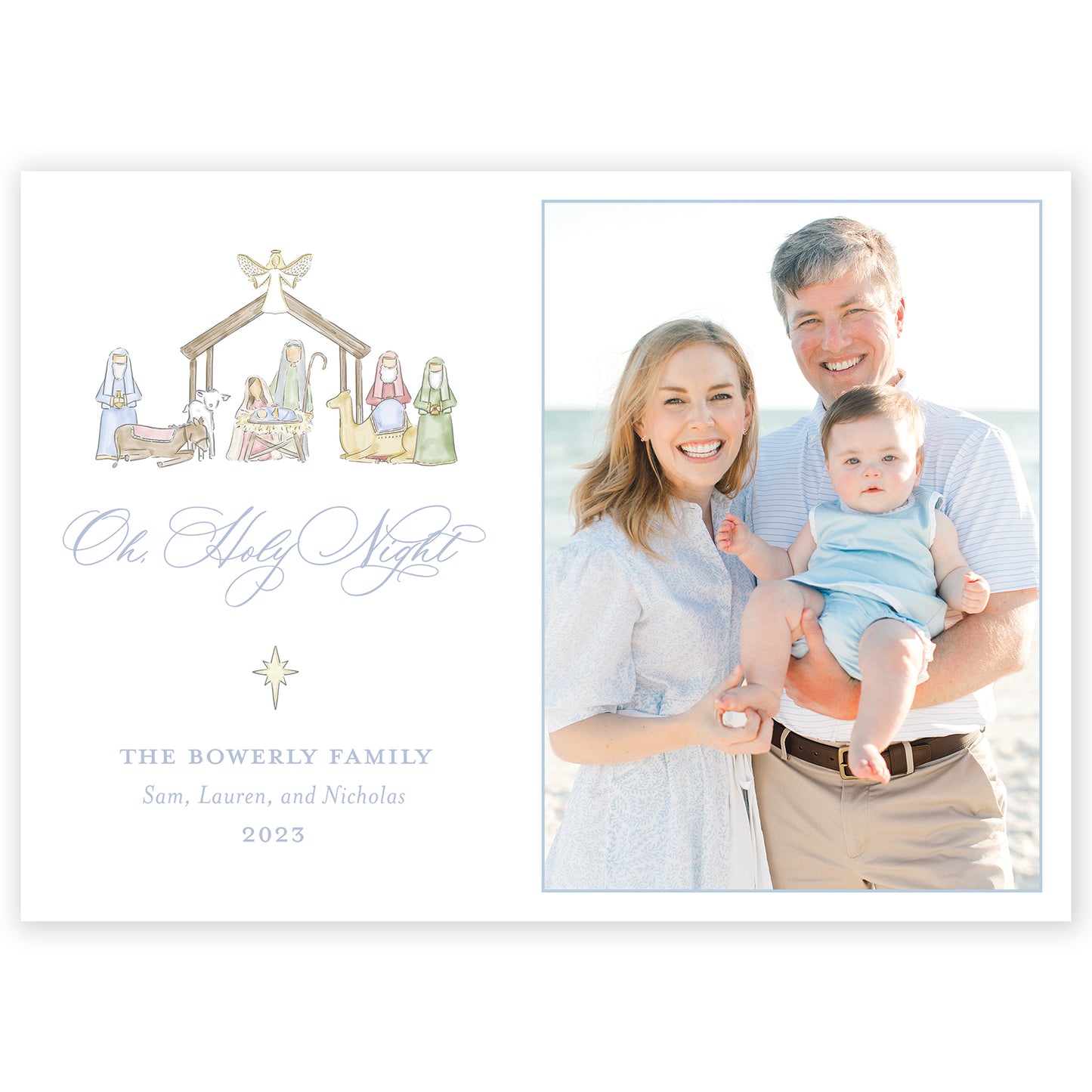 blue landscape nativity holiday card