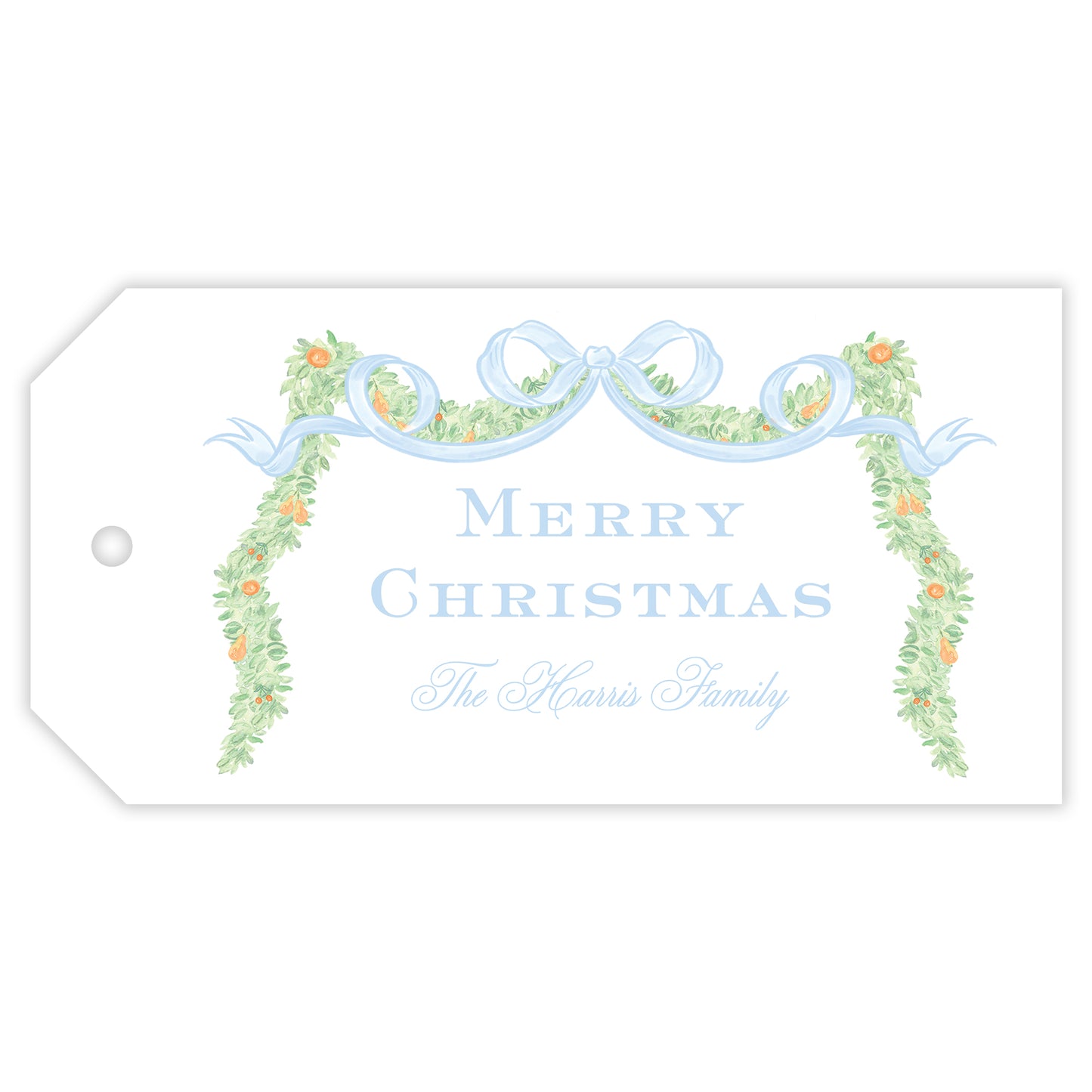 blue bow garland personalized gift tag