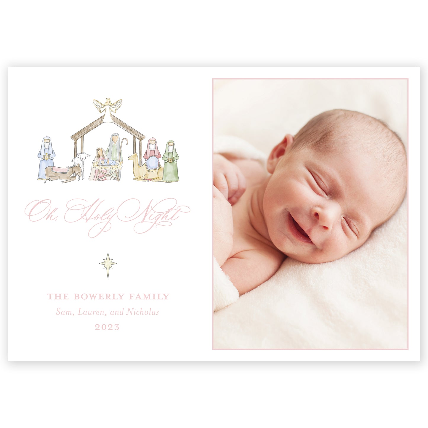 pink landscape nativity holiday card