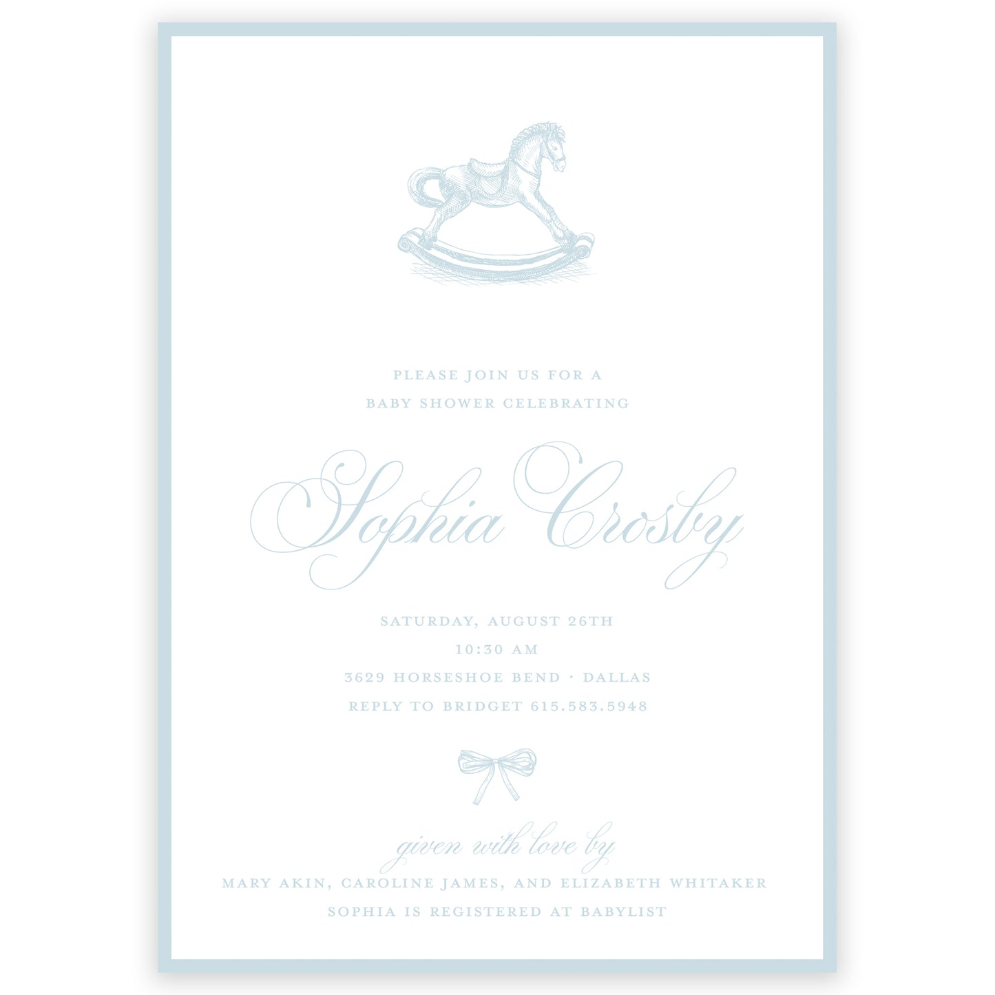 blue rocking horse baby shower invitation