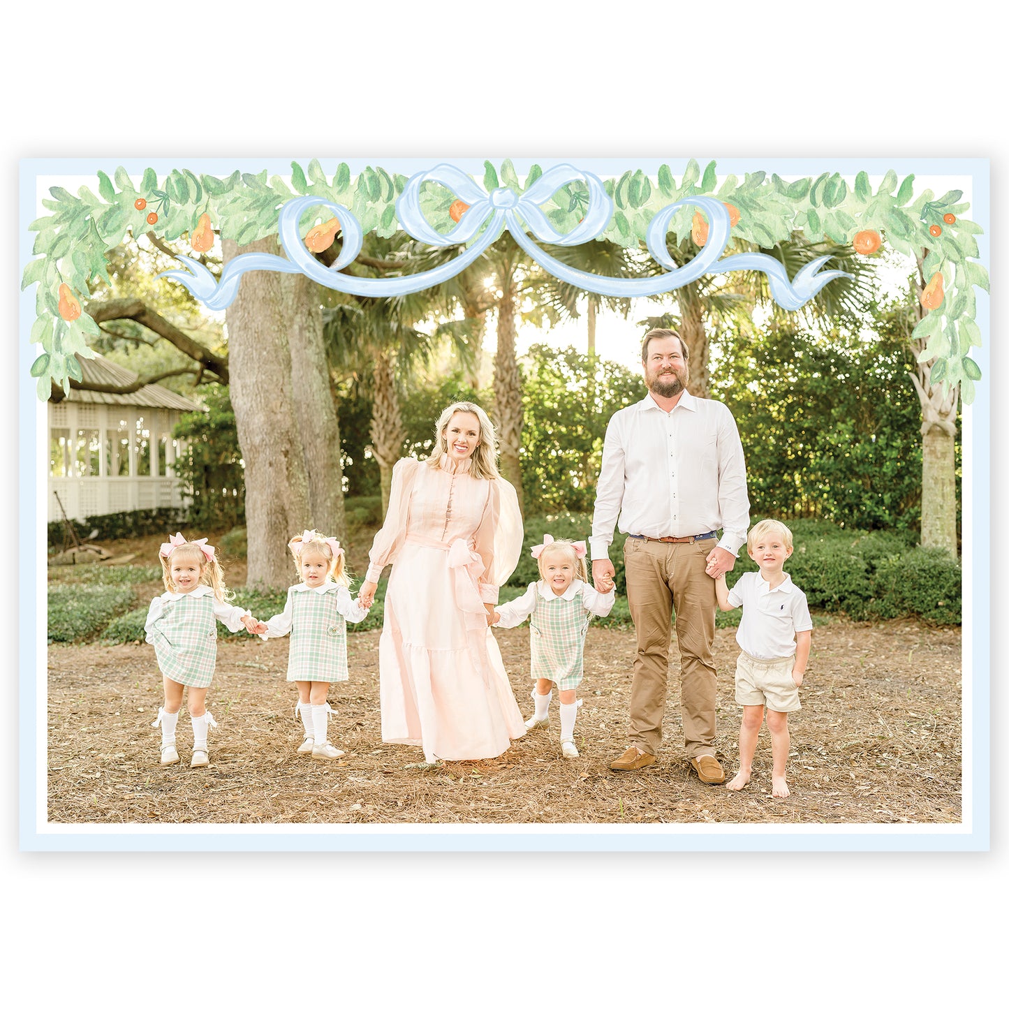 blue garland bow landscape photo holiday card