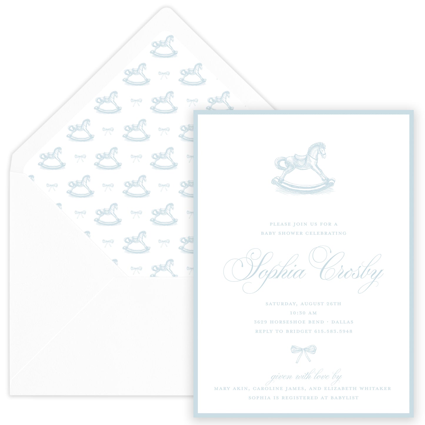 blue rocking horse baby shower invitation