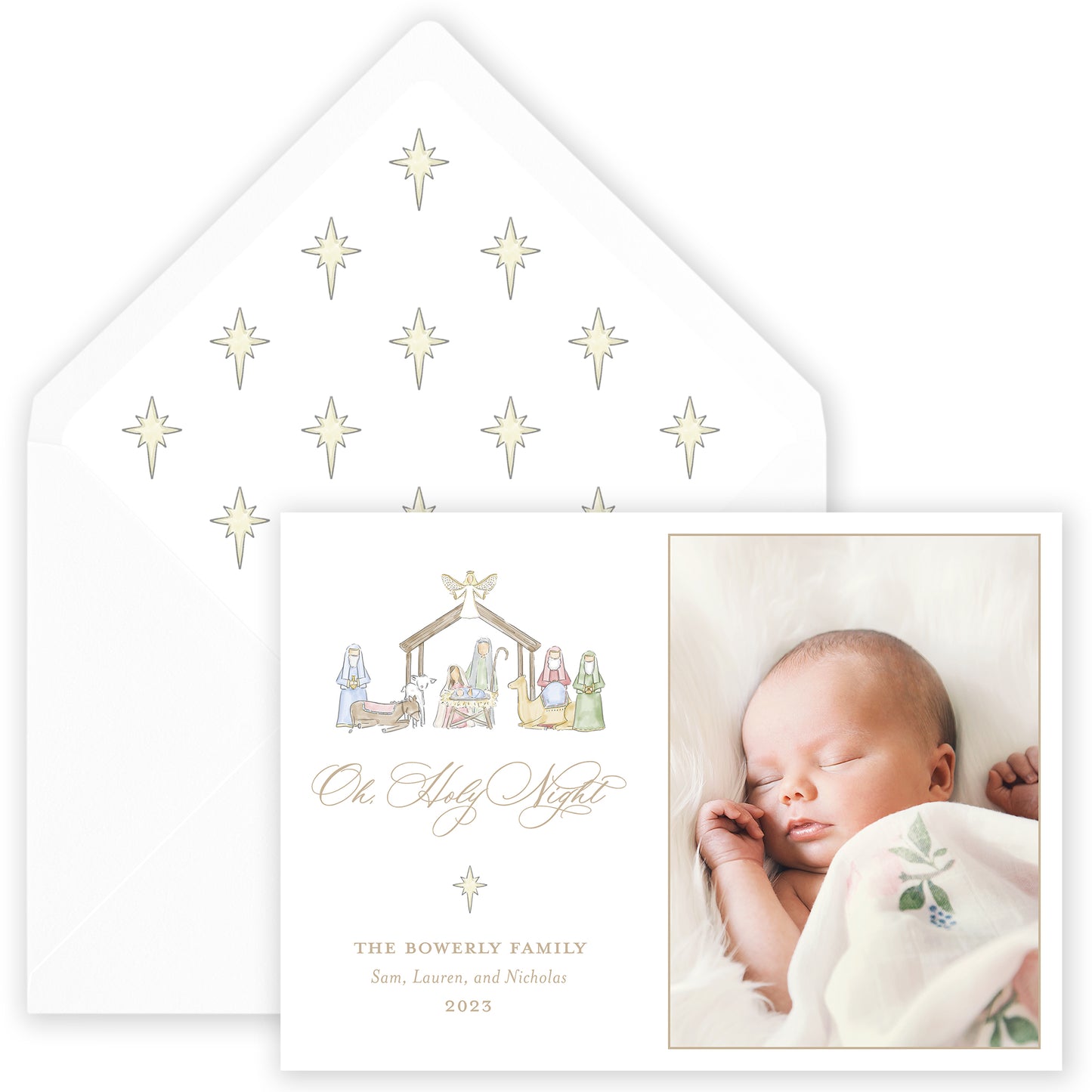 gold landscape nativity holiday card