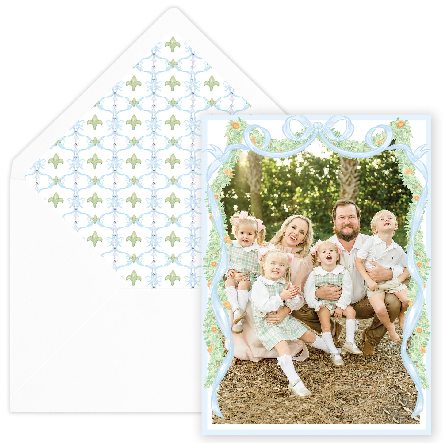 blue garland bow photo holiday card