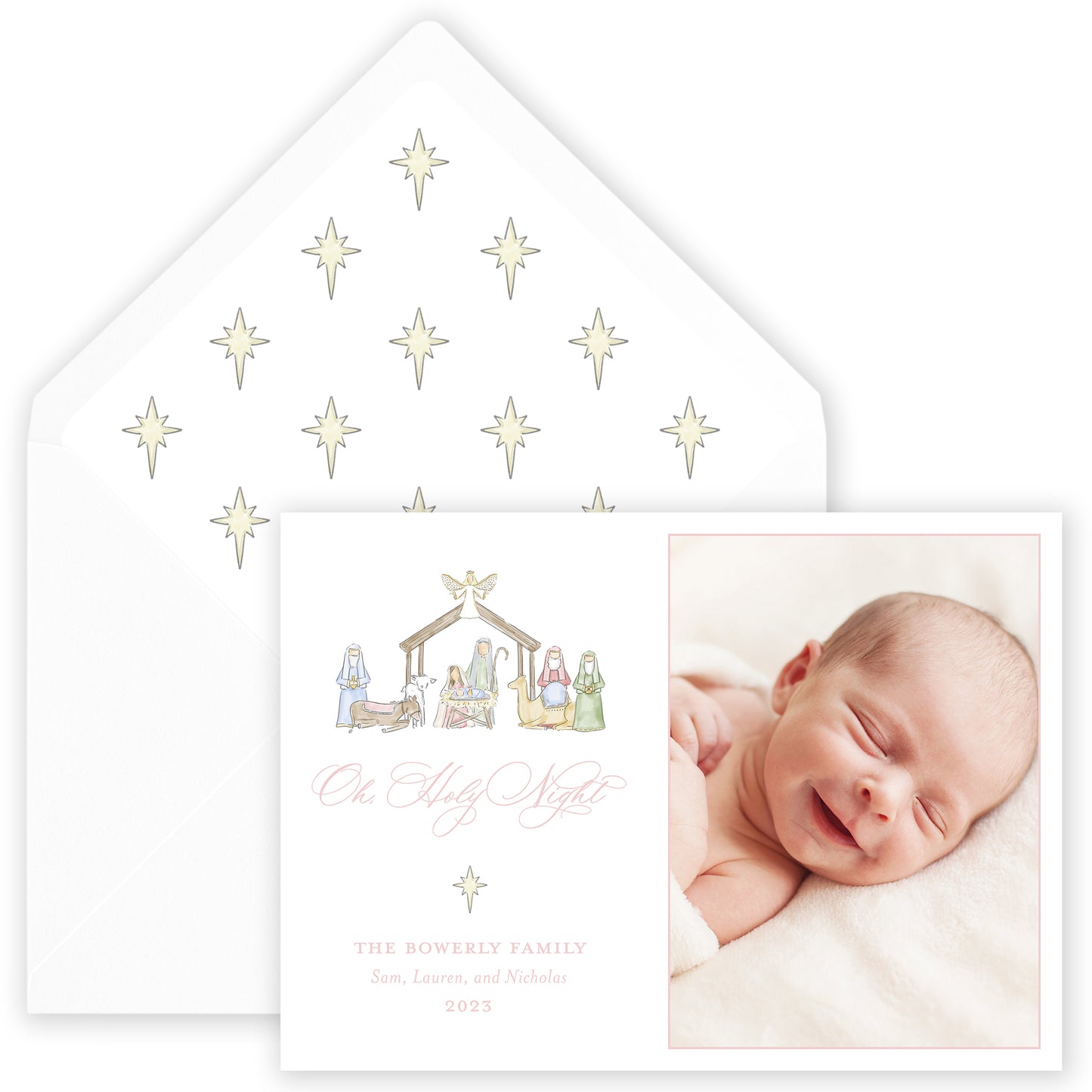 pink landscape nativity holiday card