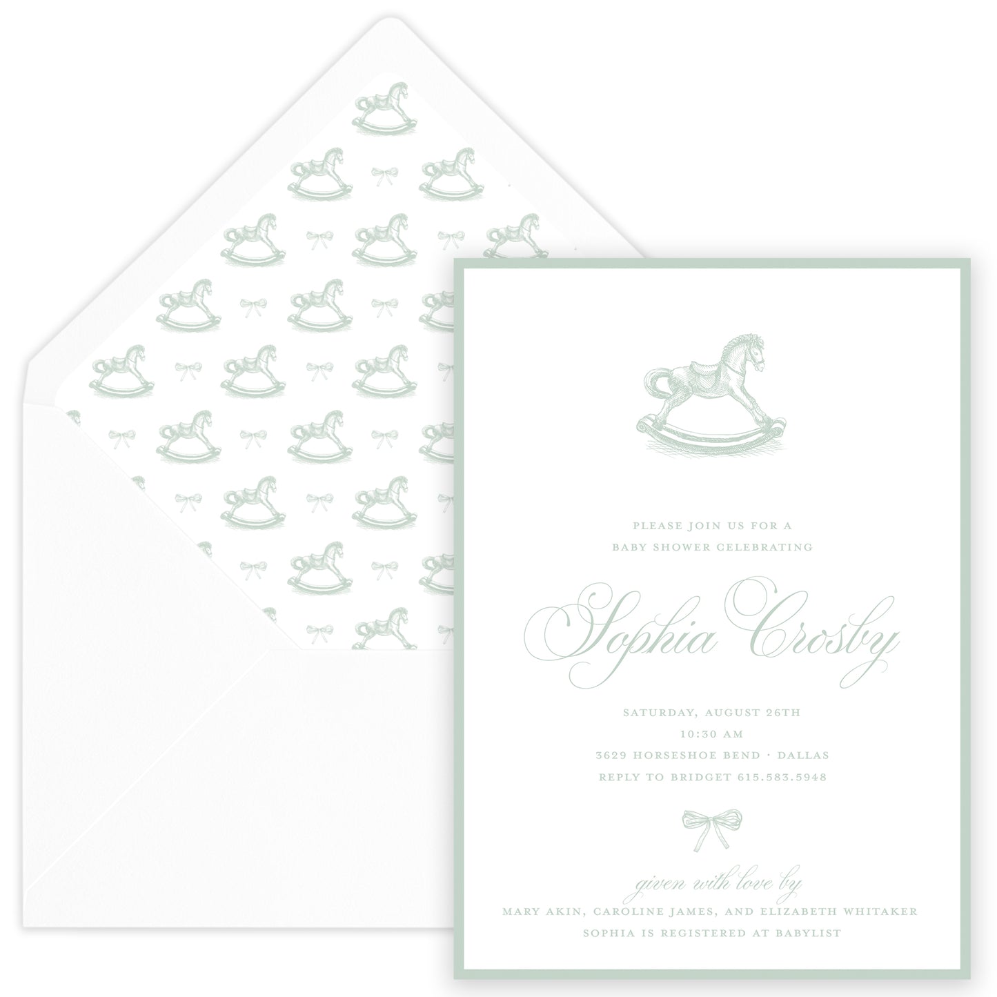 sage rocking horse baby shower invitation