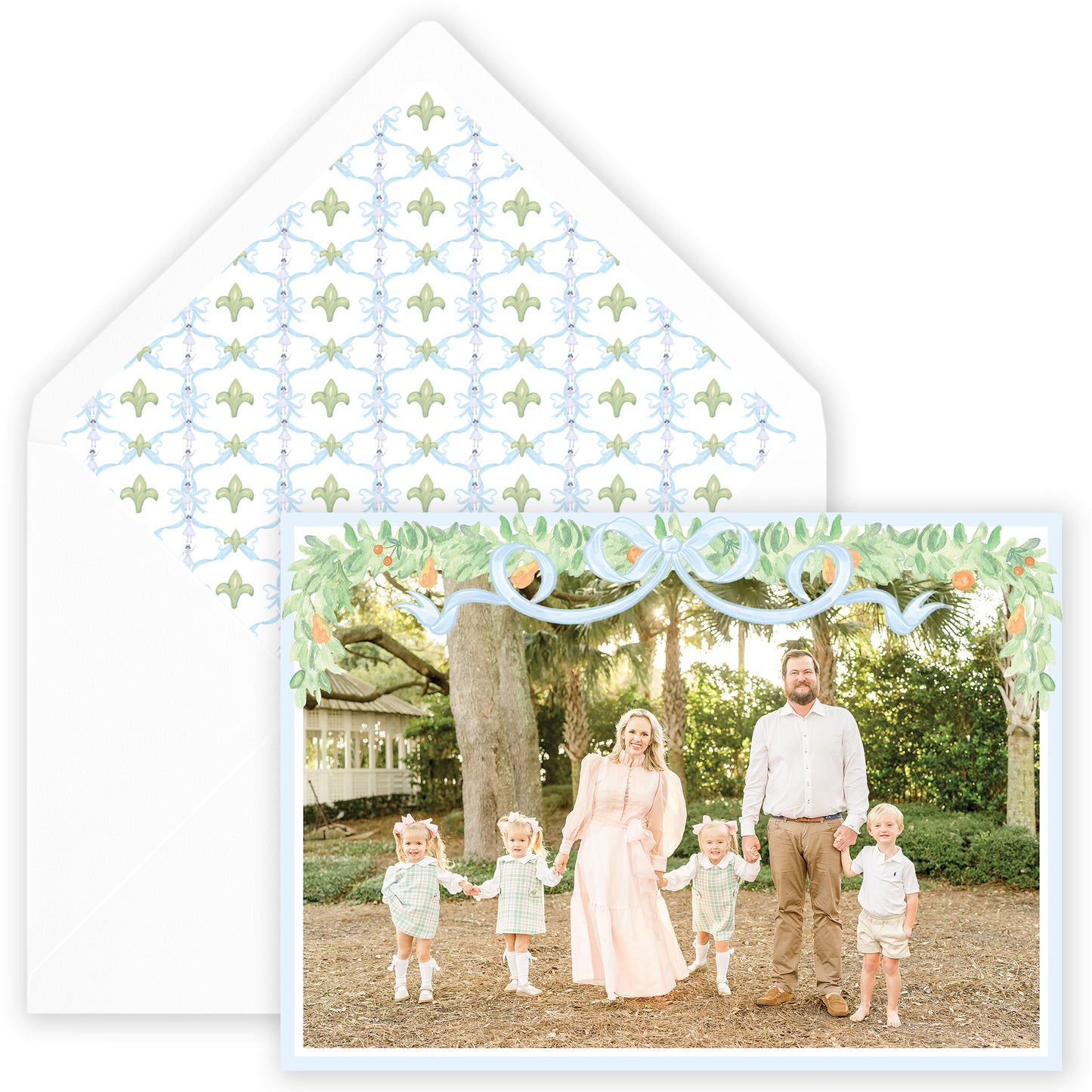 blue garland bow landscape photo holiday card