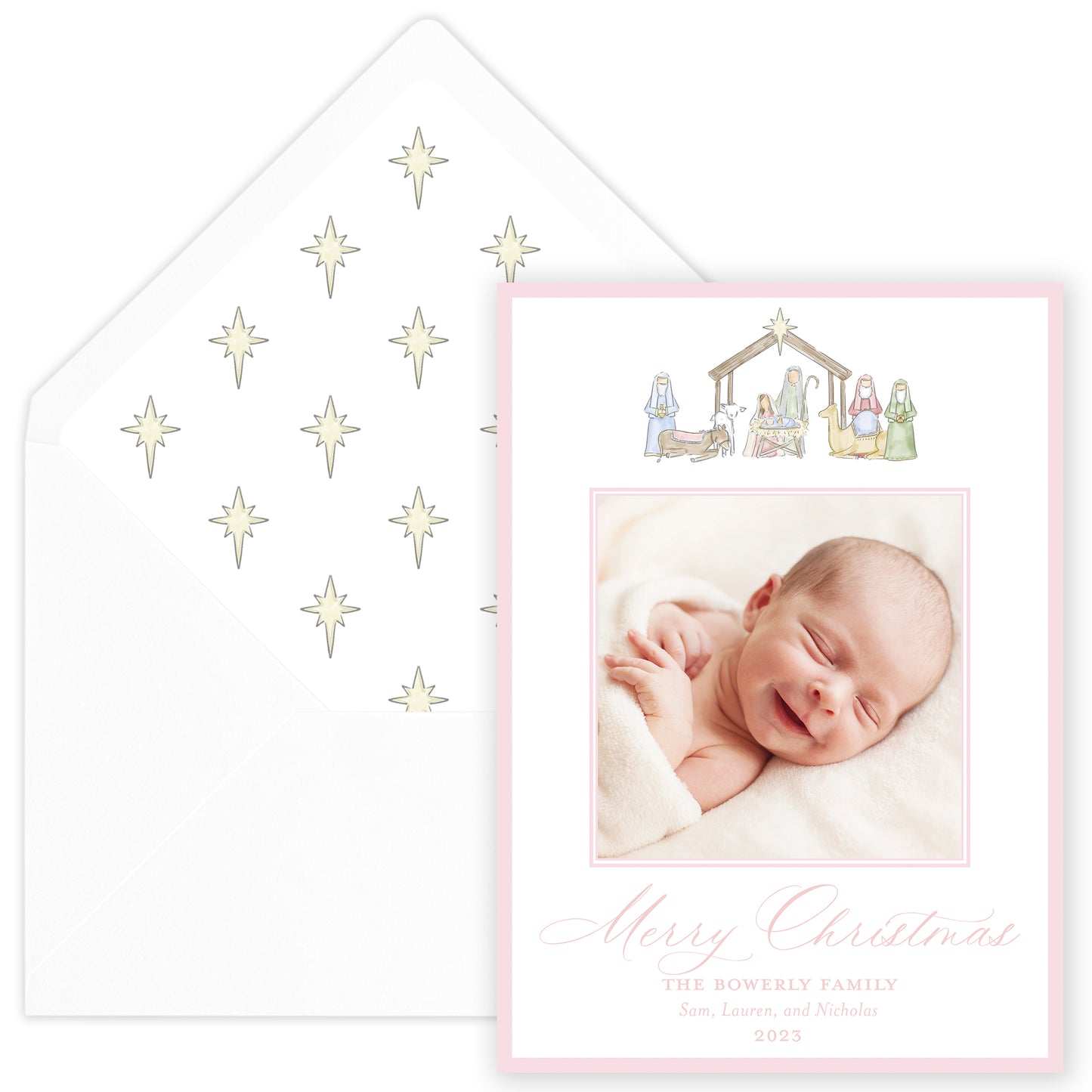 pink nativity holiday card