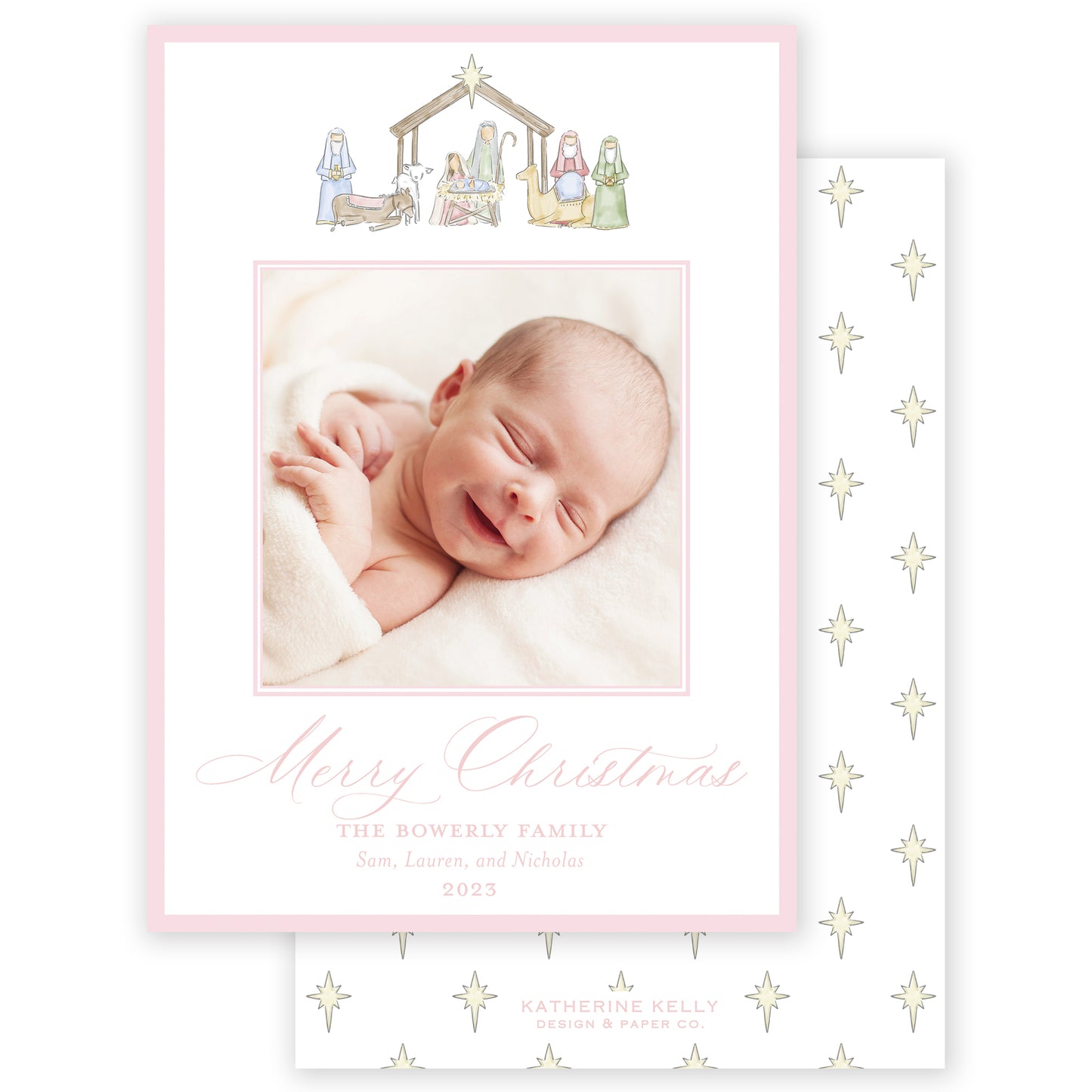 pink nativity holiday card