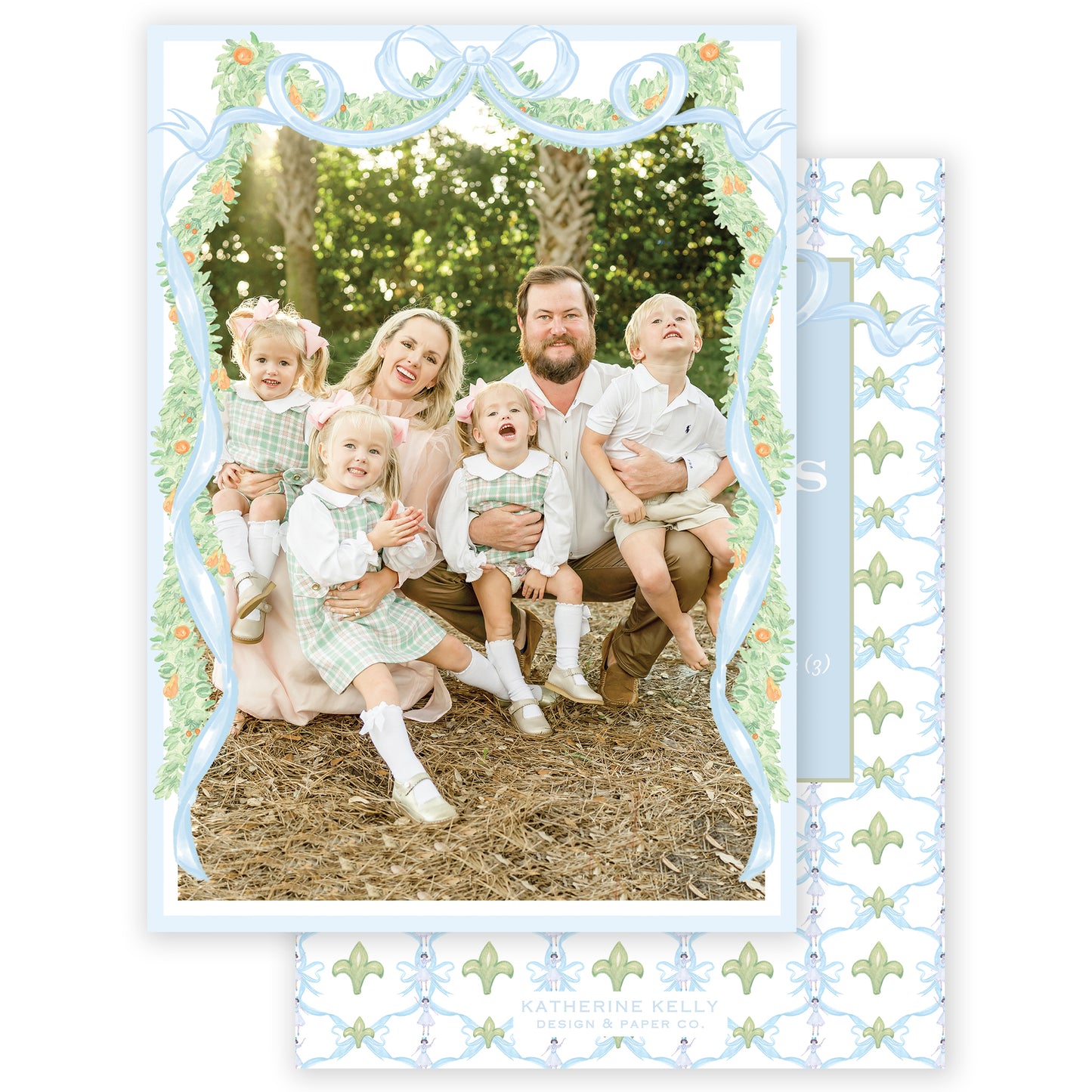 blue garland bow photo holiday card