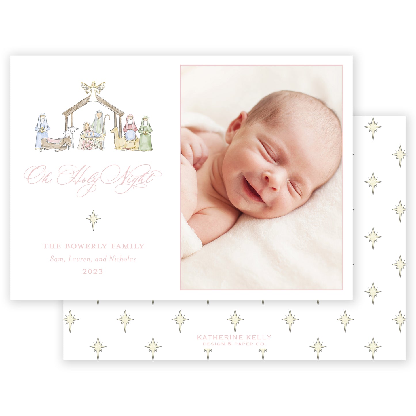 pink landscape nativity holiday card