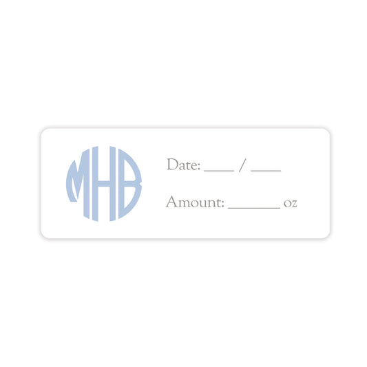 blue monogram breast milk bag labels