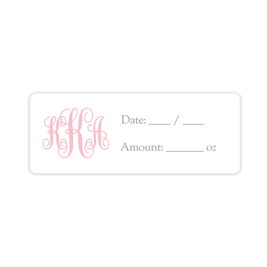 pink monogram breast milk bag labels