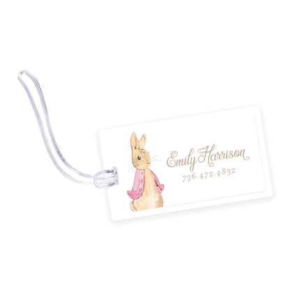 pink peter rabbit laminated bag tag