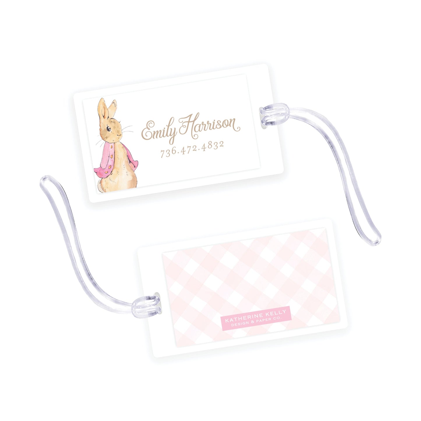 pink peter rabbit laminated bag tag