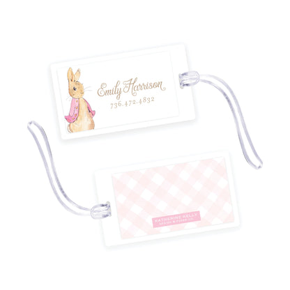 pink peter rabbit laminated bag tag