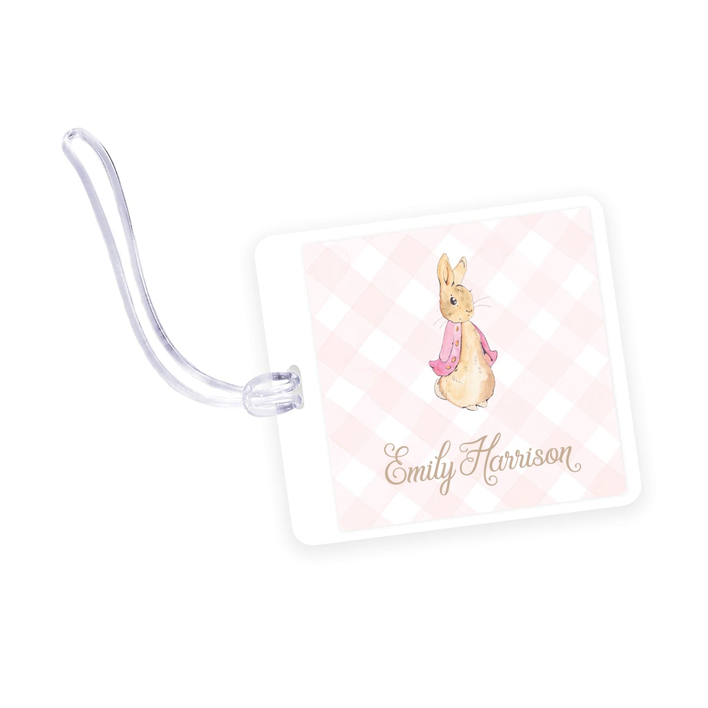 pink peter rabbit square laminated bag tag