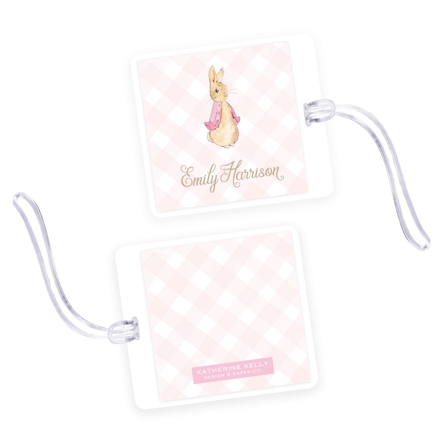 pink peter rabbit square laminated bag tag