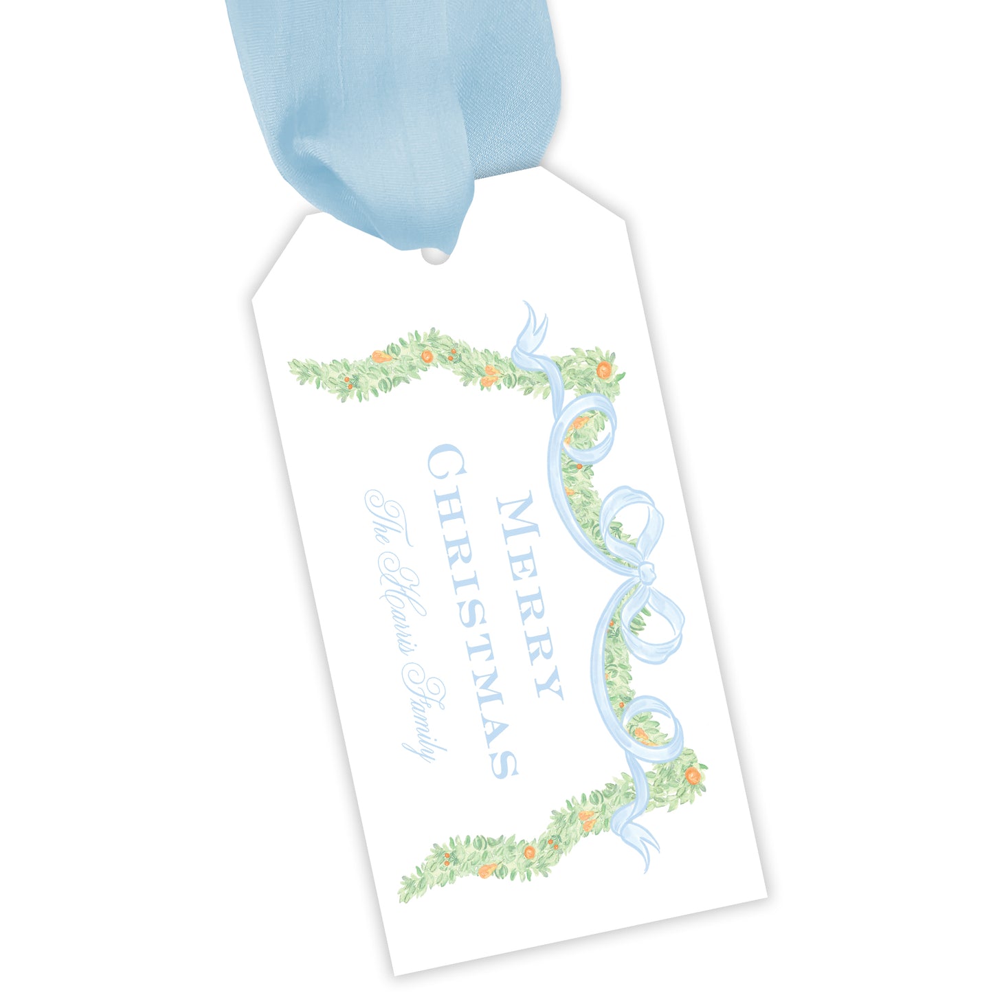 blue bow garland personalized gift tag