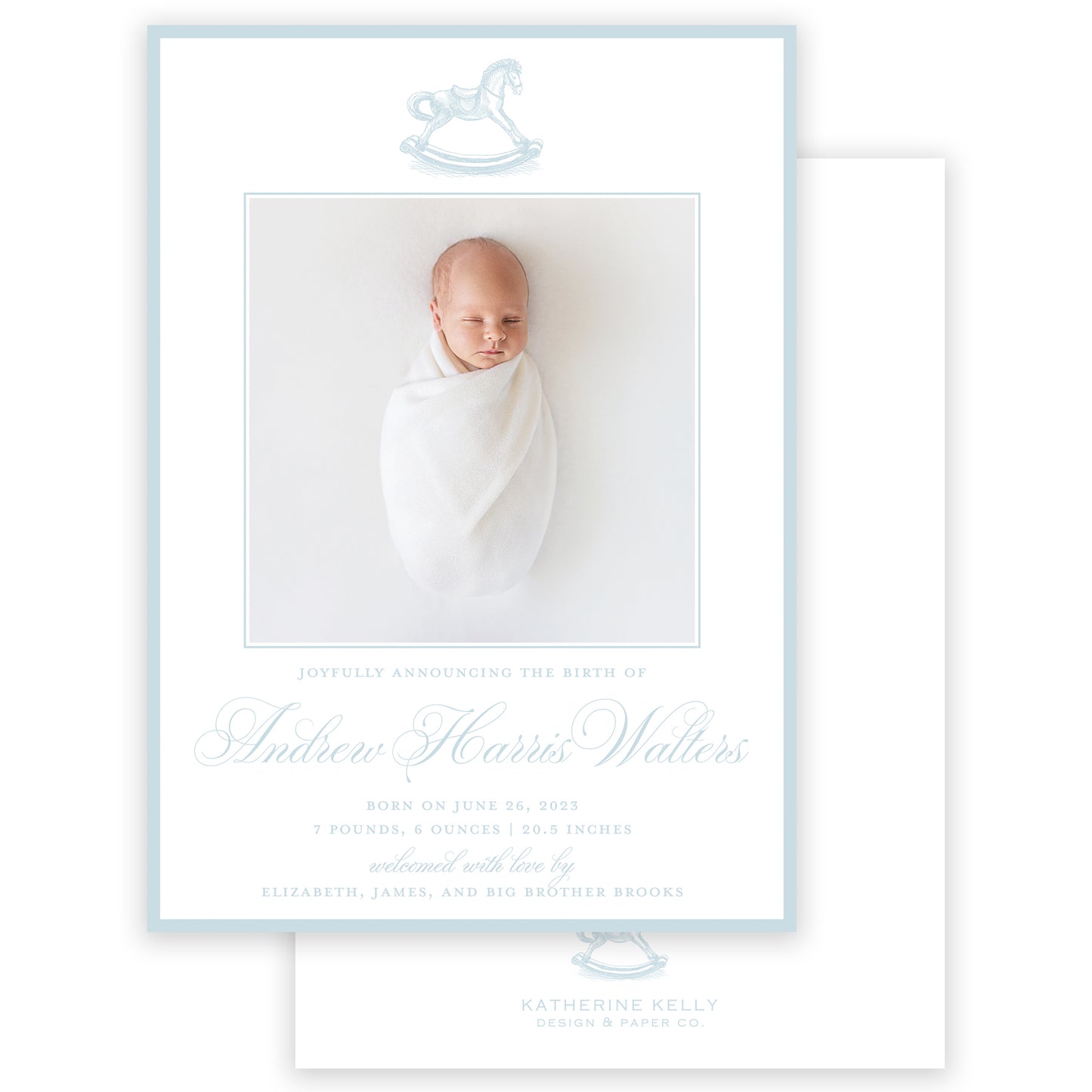 blue rocking horse birth announcement