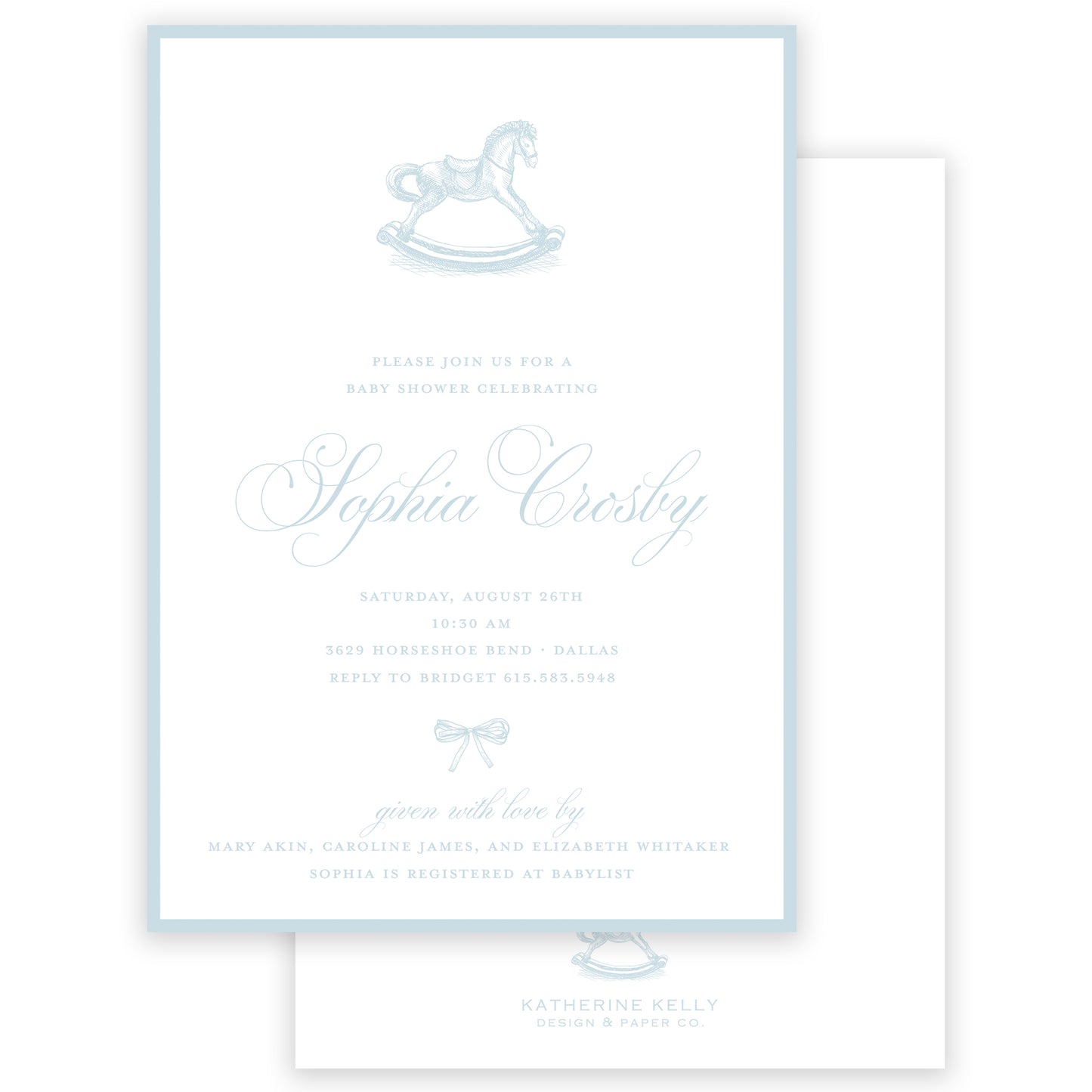 blue rocking horse baby shower invitation