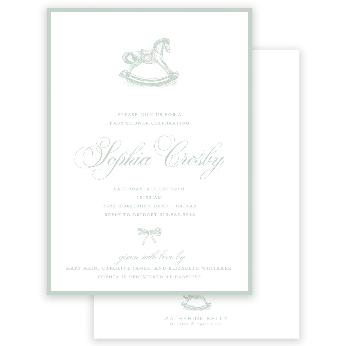 sage rocking horse baby shower invitation