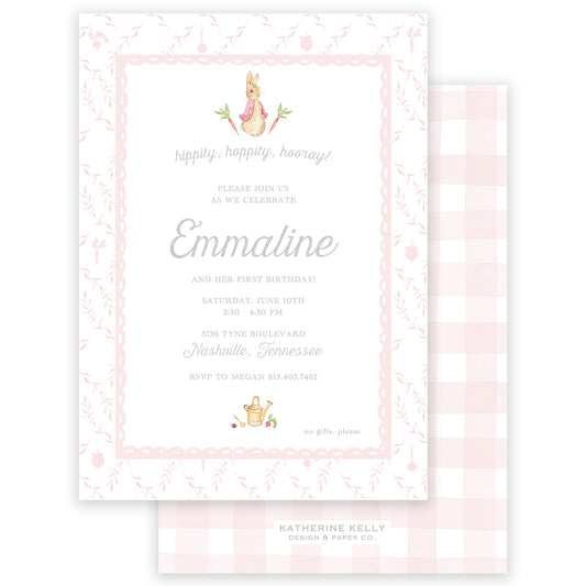 peter rabbit pink trellis party invitation