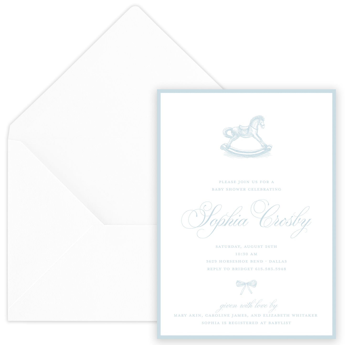 blue rocking horse baby shower invitation