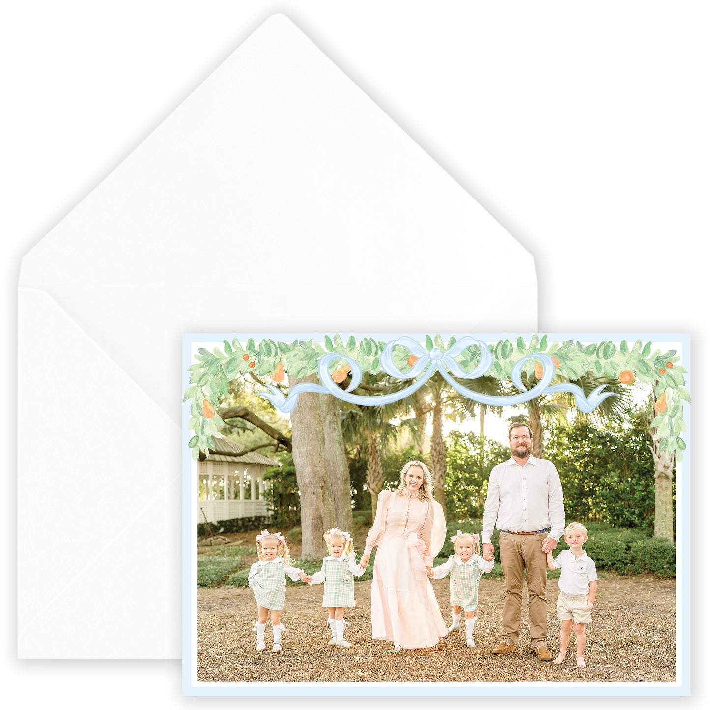 blue garland bow landscape photo holiday card