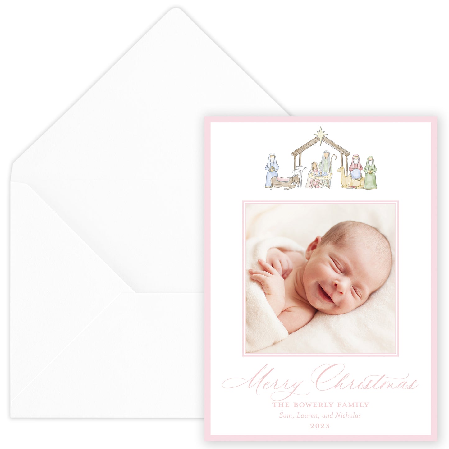 pink nativity holiday card