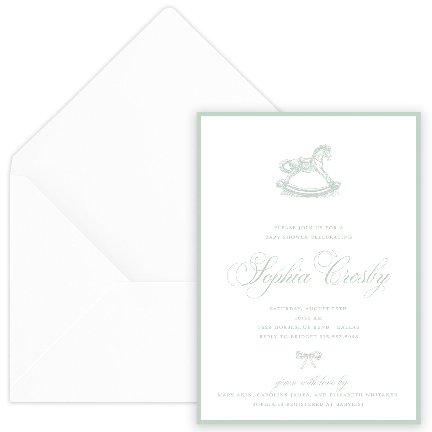 sage rocking horse baby shower invitation