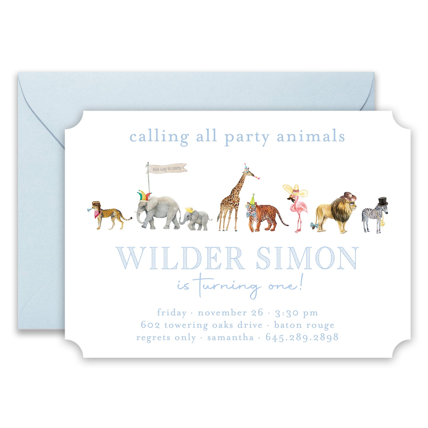 blue party animal birthday invitation