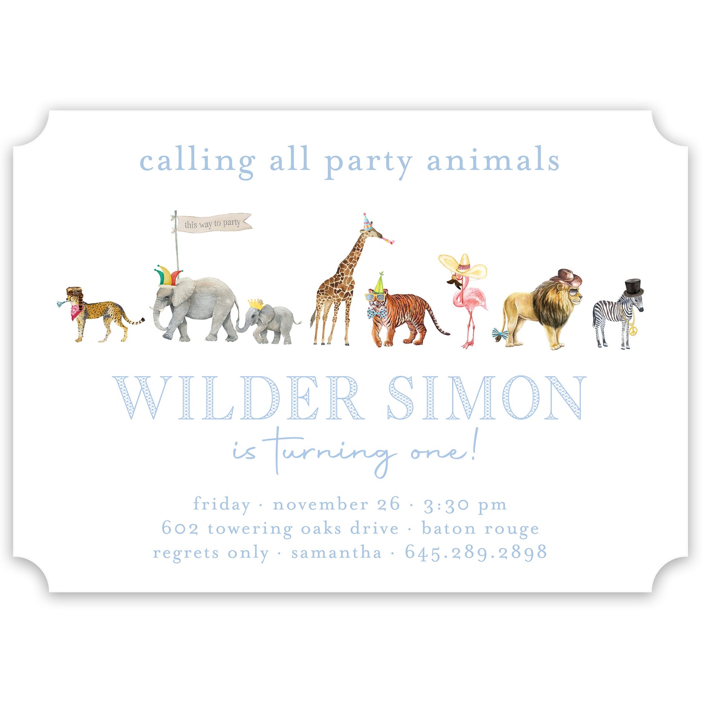 blue party animal birthday invitation