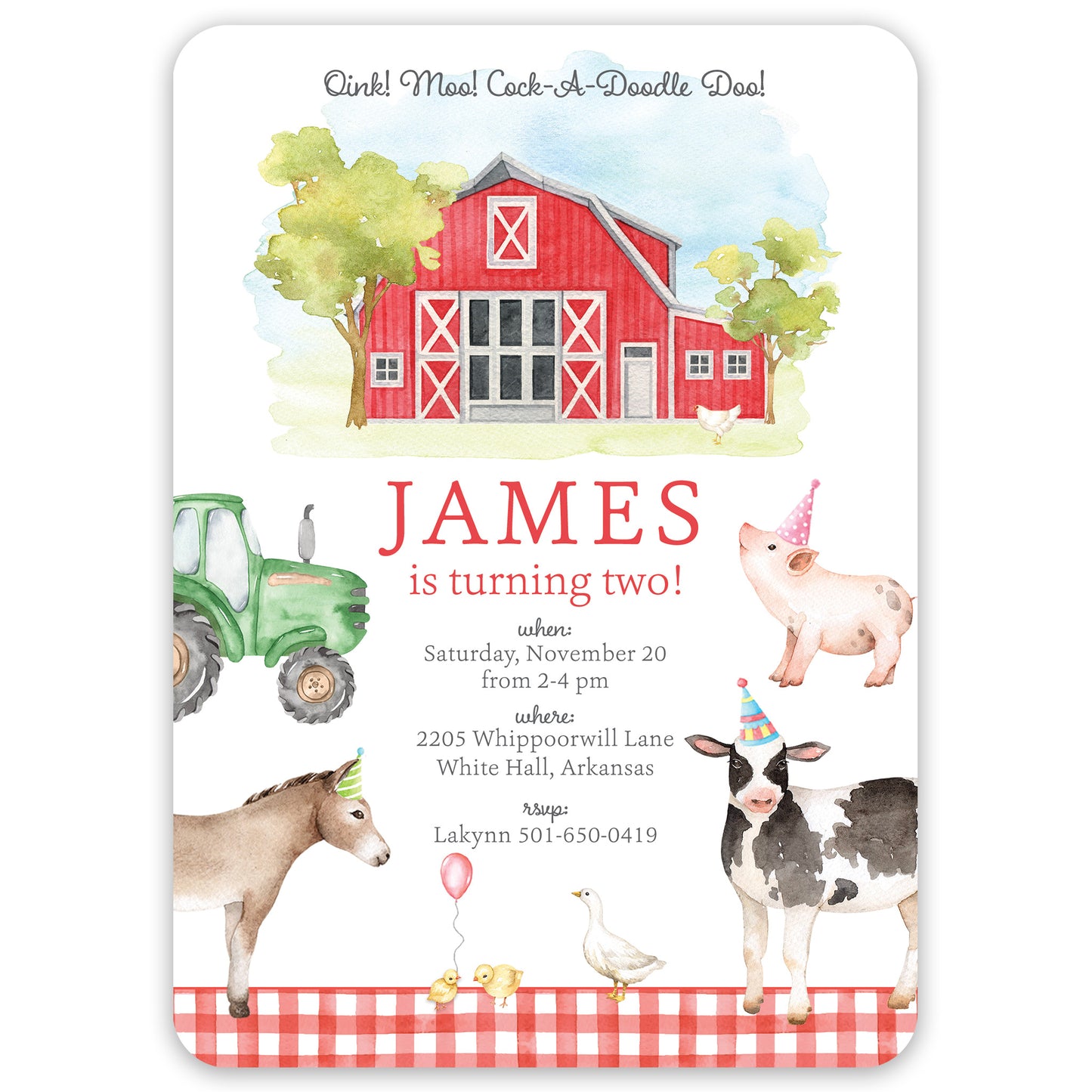 red farm animal birthday invitation