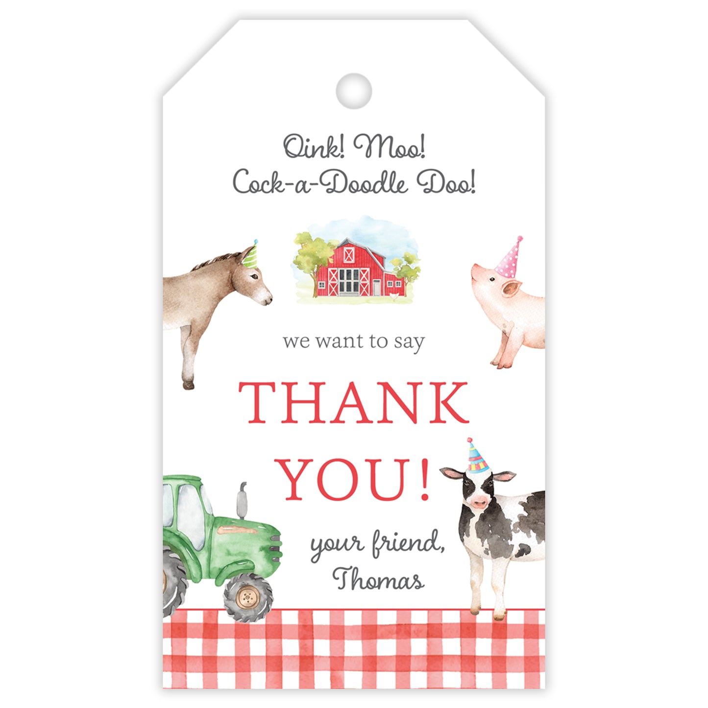 red farm animal party favor tag