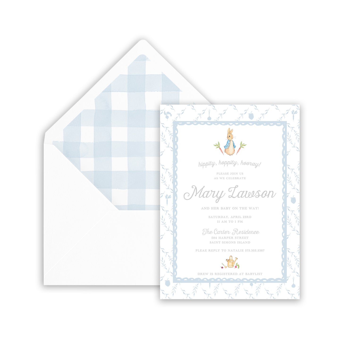 peter rabbit blue trellis party invitation