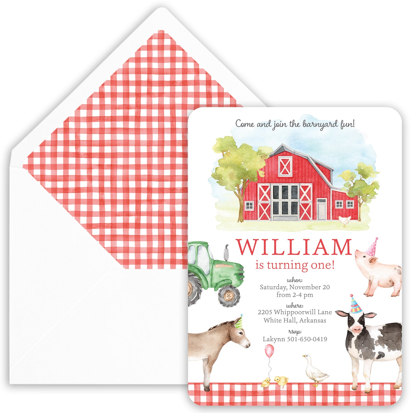 red farm animal birthday invitation